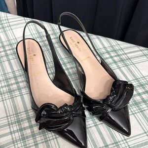 Black patent kitten heel sling back
